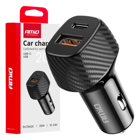 AMIO AUTOMOBILINIS ĮKROVIKLIS 20W USB-A / USB-C QC+PD